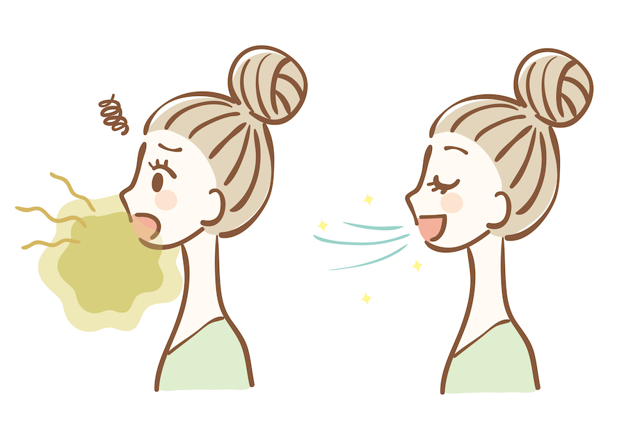 Drawing of a woman with a green bad breath cloud and a messy bun then the same woman with a blue wind of fresh breath
