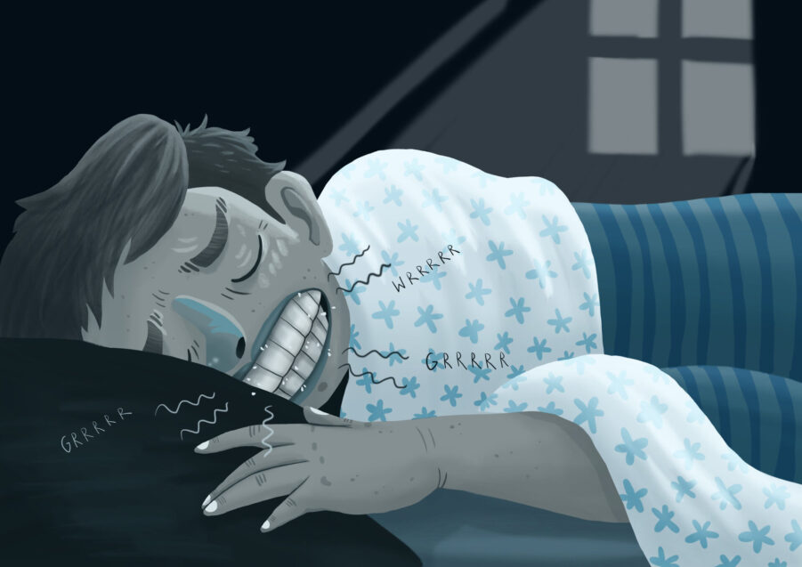 Graphic illustration of man clenching and grinding his teeth while sleeping, bruxism.