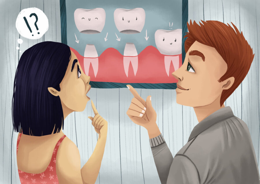 woman considering a dental crown, a type of restorative dentistry to save her natural tooth